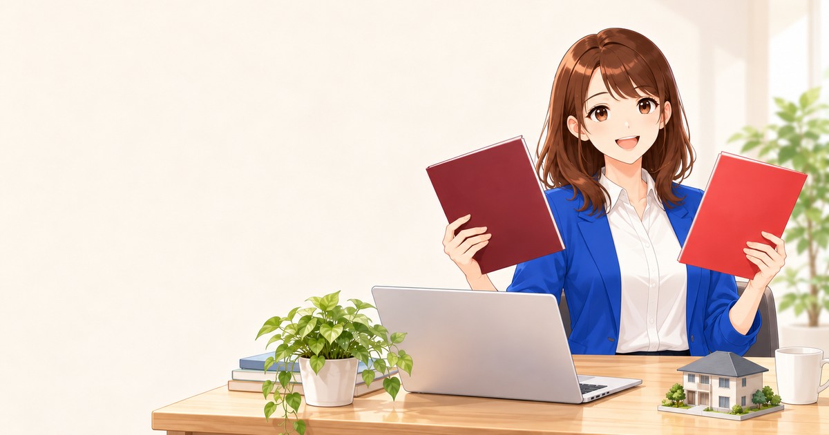 宅建の通信講座を2冊見比べる女性