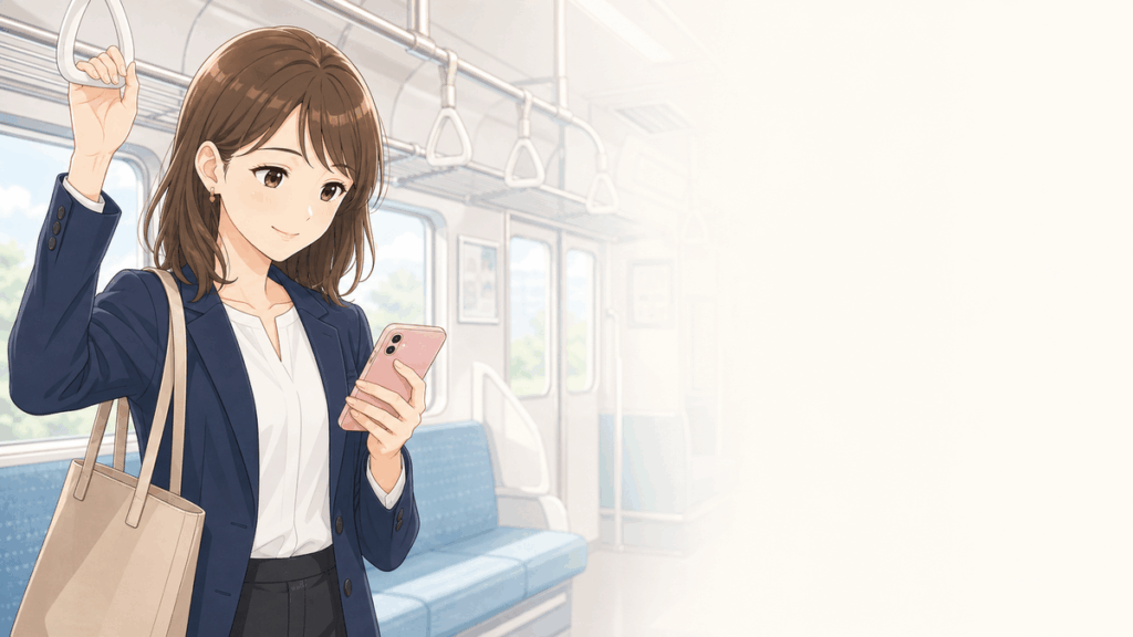 電車内でスマホを使って宅建講座を学習する女性