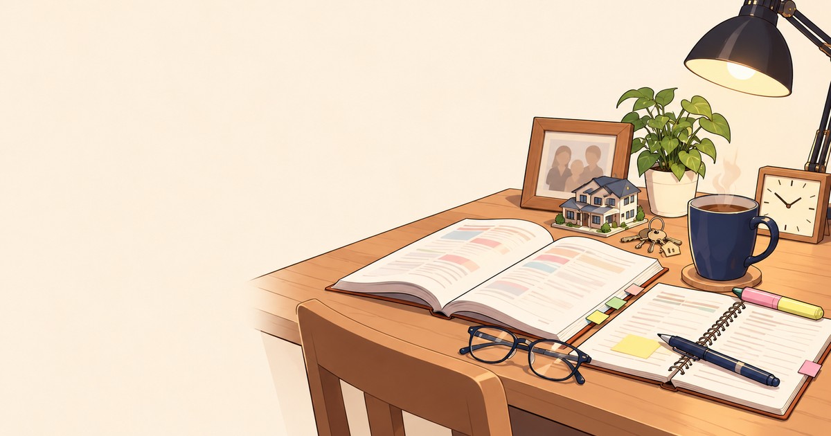 40代から宅建の勉強をする夜の自宅の机