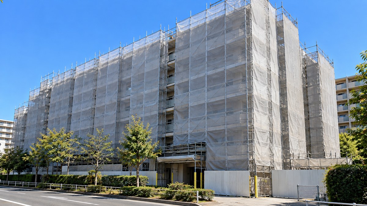 外壁全体に足場が組まれメッシュシートで覆われた大規模修繕工事中のマンション