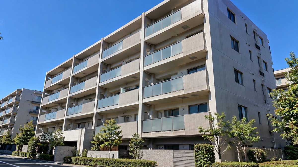 晴れた日に道路から見上げた鉄筋コンクリート造の賃貸マンションの外観
