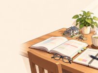 50代から宅建の勉強をする朝の自宅の机